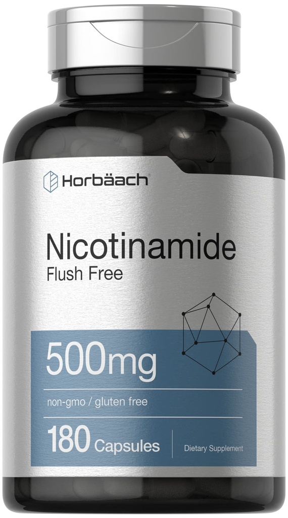 Horbäach Nicotinamide 500 mg 180 Capsules 弗卢什免费饮食补充 + Non-GMO 和 Gluten 免费维生素