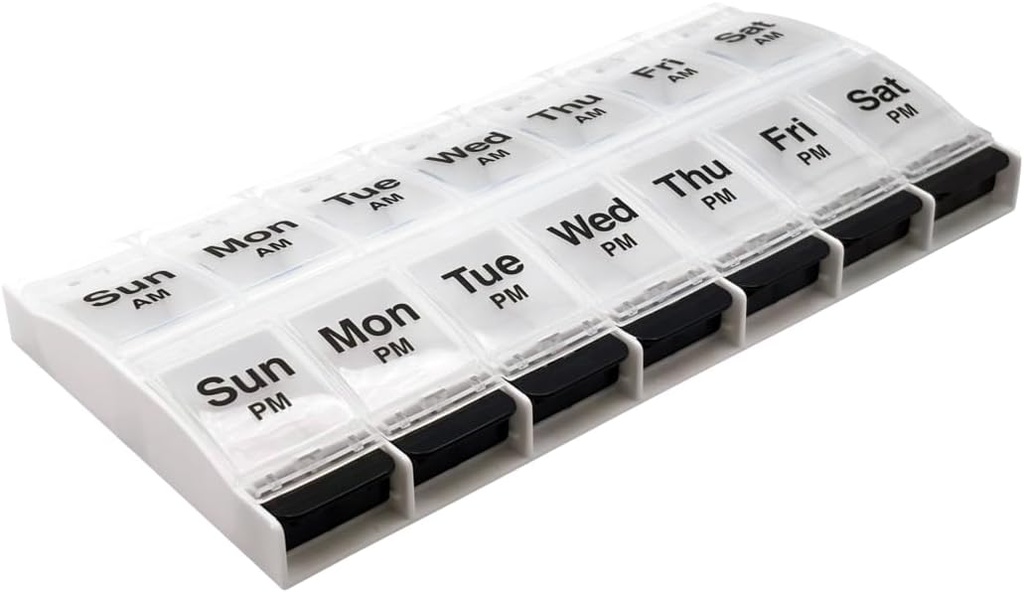 EZY DOSE Push Button(7天) 药丸案,药品计划师,维生素组织者,每天2次,AM/PM容器,X-Large比较器,关节炎友好,易用,清液,清/黑色,BPA自由