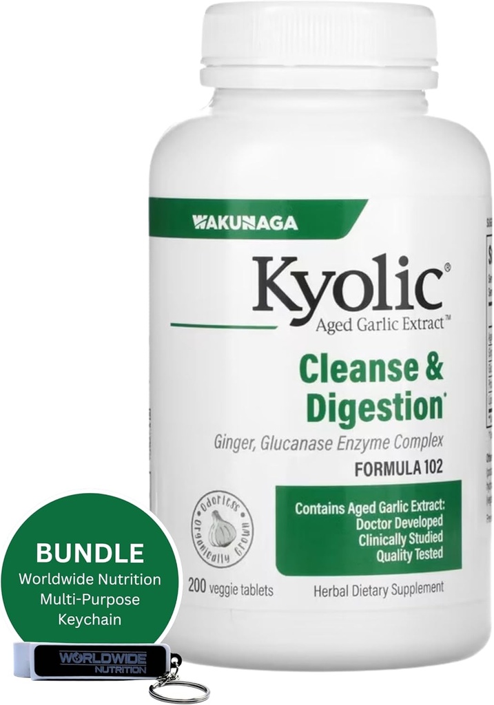 全世界营养包: Kyolic Aged Garlic 提取器 200 Veggie Tablets 公式 102 Cleanse & Digestion - 富含 Garlic Ginger 补编 - 200 富含多功能键链的计数