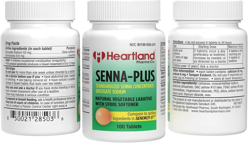 Senna-Plus 天然蔬菜 Sennoside Laxative → 天然蔬菜 Laxative → Gentle over night Contspital  Relief → Docuseate Sodium Stool 软化器 → 100 片