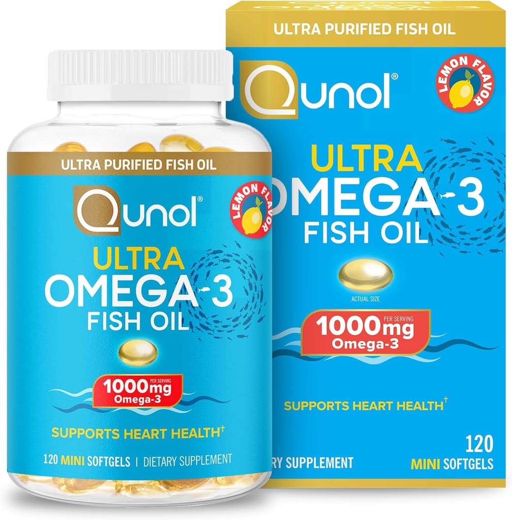 Qunol Omega 3 鱼油微型软胶,1000mg 超纯鱼油,心脏健康支持,Omega 3 DHA 补充品,Lemon Flavor, 2个月供应,120个计数