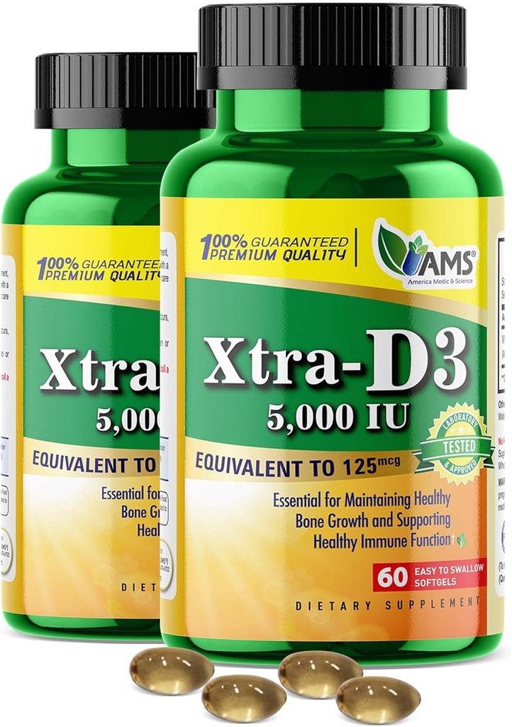 美国医学和科学Xtra D3 维生素D 5000 IU(125 mcg) Cholecalciferol 男女补充(120 Easy to Swallow Softgels) 2 packQQBest for Bone, Heart Health, Immune System Support, Lung 函数