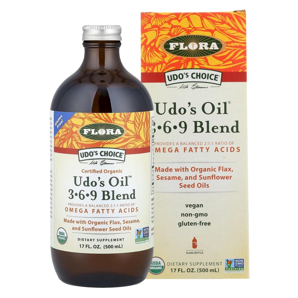 Flora Udo's Oil 3-6-9 Blend - Vegan Omega-3 & Omega-6 Oil - 含有机椰油,Flax种子油 & More - 保持冷却 - 17 f. oz.