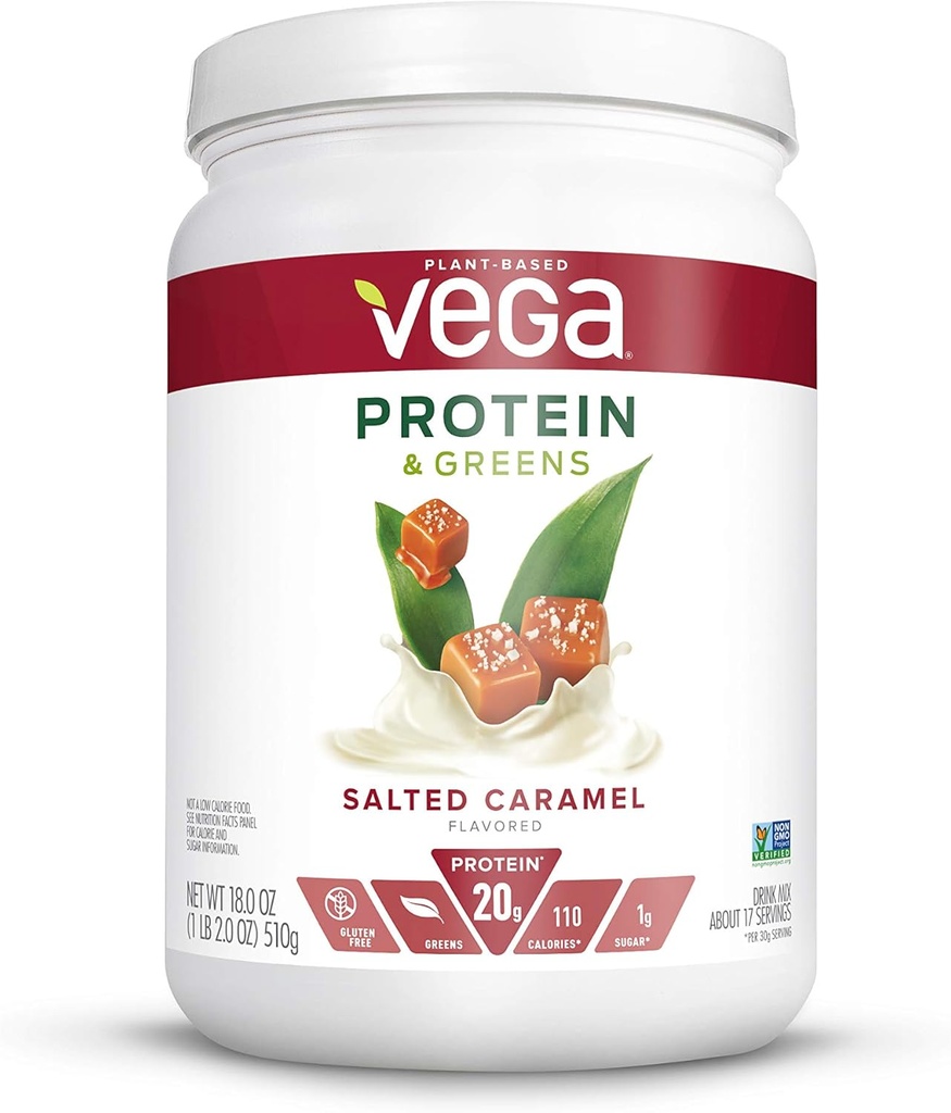 Vega蛋白与绿素,盐焦糖,Vegan蛋白粉,20g 植物基蛋白,低卡布,Keto,乳品自由,Gluten Free,非转基因生物, Pea Protein for Men and Men, 1.1磅(17枚)