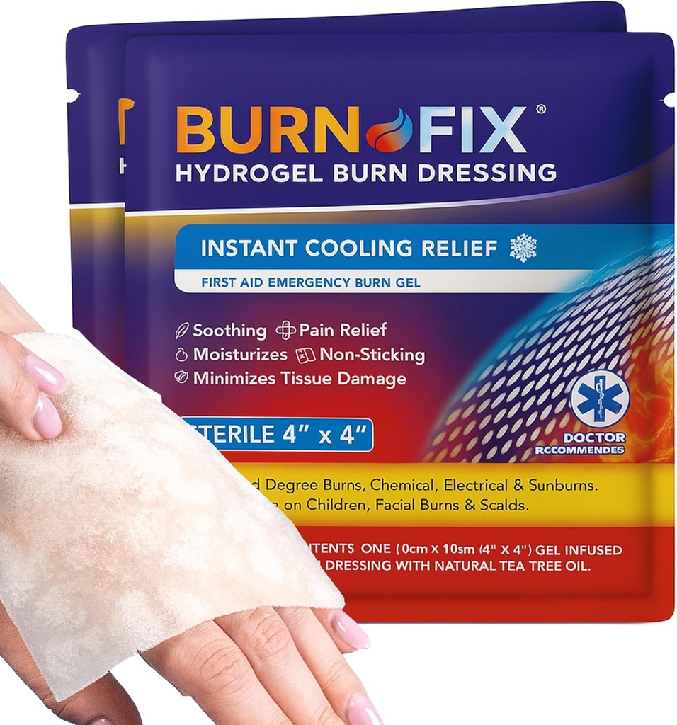 BurnFix Burn Gel Pads 4x4 Hydrigel Dressing - Heat SinkTM Technology - 与茶树油结冰 - Sterile for Sunburn, Kitchen, Chemical Burns - 非Stick急救, face & Kids安全 (2)