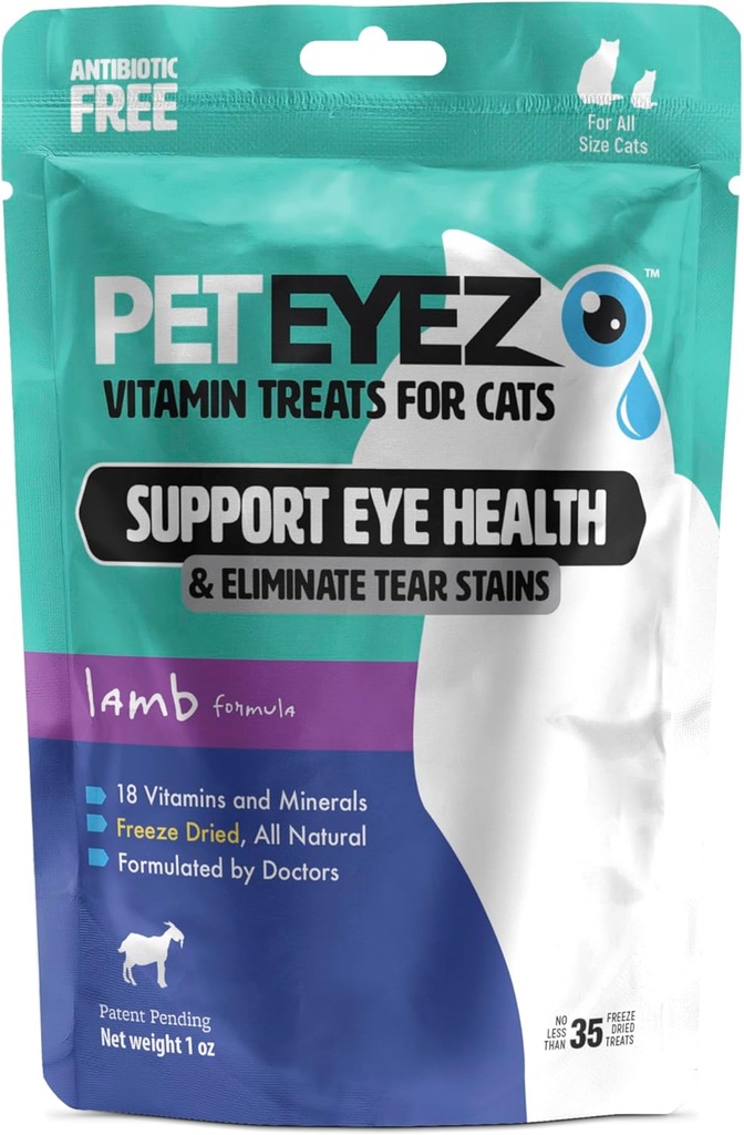 PetEyez 对猫的维生素治疗 - 泪水除尘器 - 眼部健康支持 - 减少痒痒和过敏 - 羊肉火焰 - 1oz