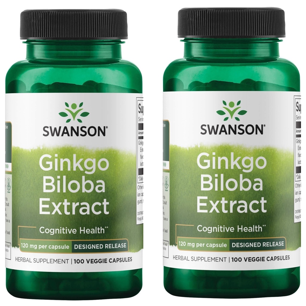 Swanson Ginkgo Biloba 提取标准延后释放记忆脑认知功能健康补编 120 mg (24% flavone glycosides,6% Terpene 乳酮) 100 Vegie Drcaps (2 Pack)
