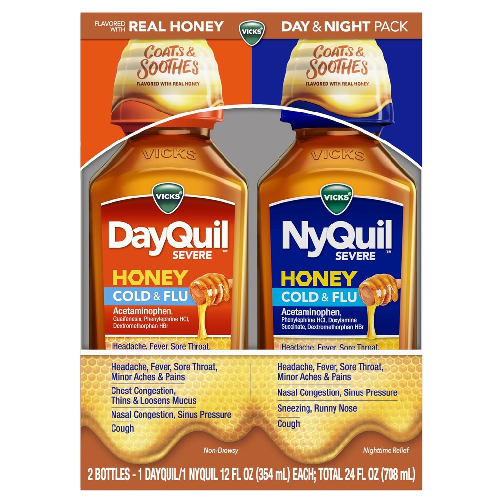 VICKS DayQuil & NyQuil SEVERE Honey Flavor Co-Pack, 冷和流体医学, 解脱头痛, 发烧, 酸喉, 小痛和疼痛, 鼻塞, 辛纳斯压力, Stuffy Nose, 和咳嗽, 2x12oz