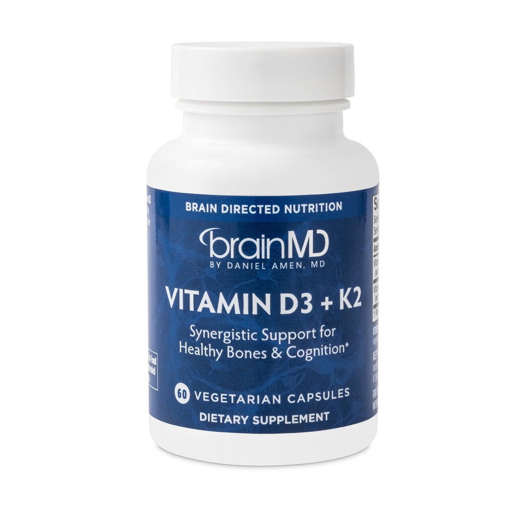 BRAINMD 维生素D3 + K2-60 Capsules - 协同支持健康骨骼与认知 - Gluten Free - 60 services