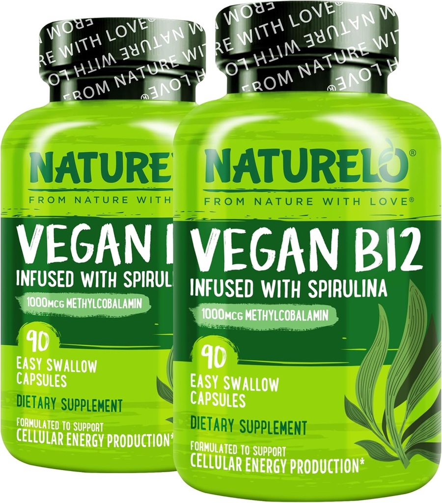 NATURELO VAGAN B12 - 含有有机螺旋藻的甲基B12 - 高钾维生素B12 1000毫克甲基Cobalamin - 支持健康膜,能源,心脏和眼部健康 - 90 Capsules (2包)