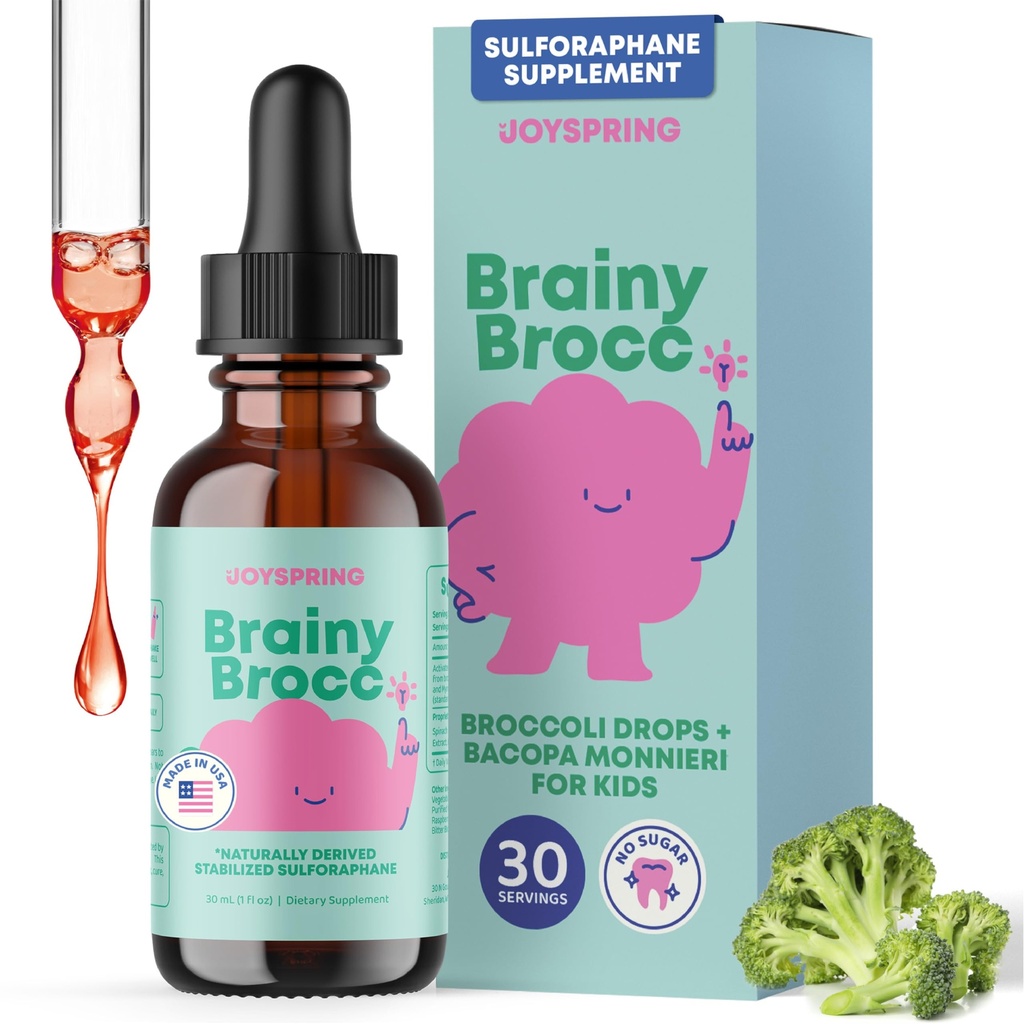 JoySpring Broccoli 儿童游戏补充 \ Sullforapane & Bacopa Monnieri Drops \ 支持认知功能 \ Vegan & Kid-Friendly