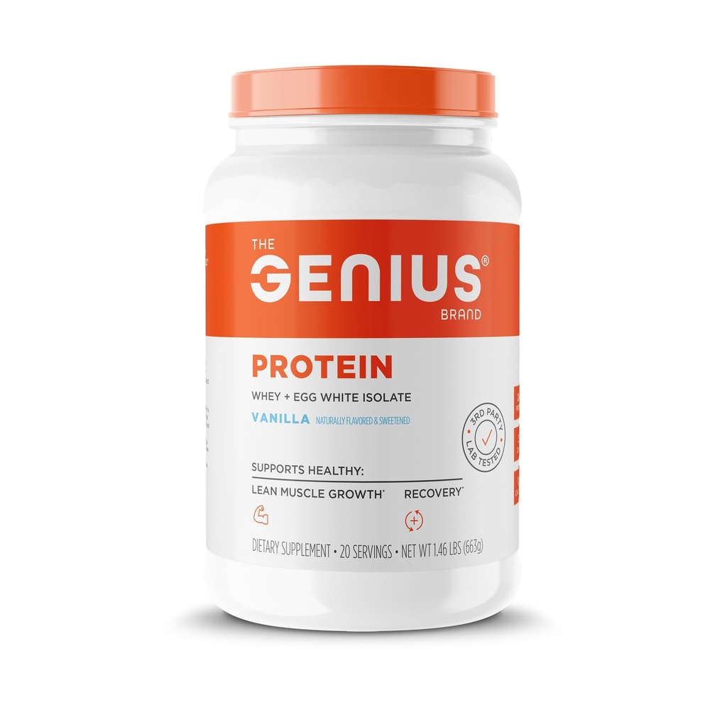 Genius protein Powder, Vanilla - 双蛋白混合剂, 改进的Whey 隔热和天然蛋白, 供男女使用 Lean Muscle 建筑 - Grass-Fed Pre & Post Workout Meal 替补摇摆
