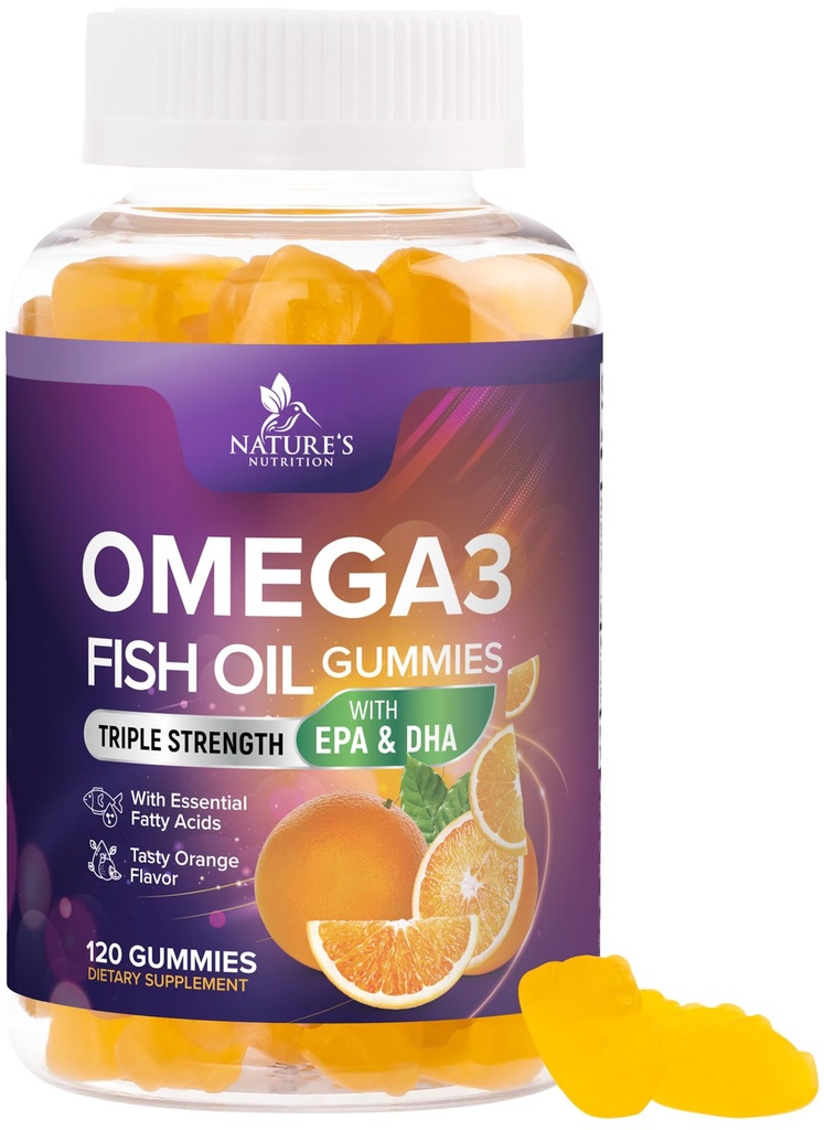 Omega 3 鱼油胶 - 3X 强心健康支持 - 高吸收 Omega 3 鱼油胶 - 配有 DHA & EPA 的鱼油胶 - 成人联合和大脑支持 - 口味橙汁 - 120 Gummys