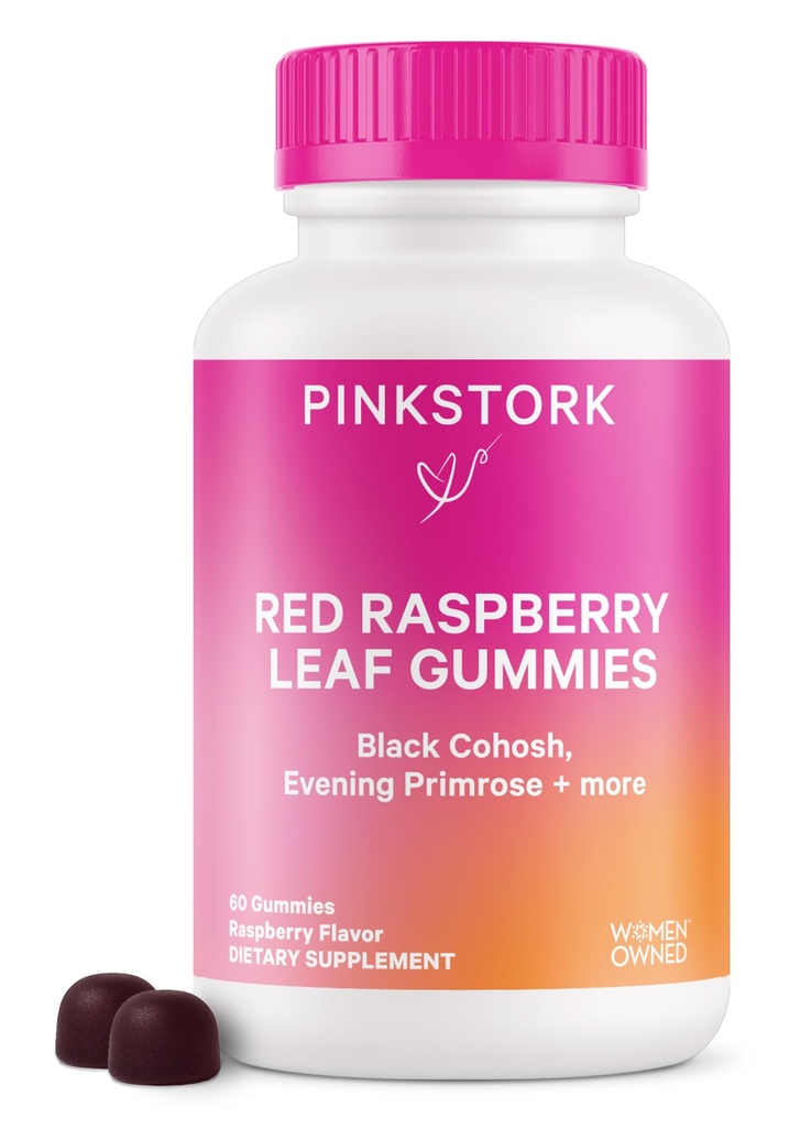 Pink Stork Red Raspberry Leaf Gummys - 第三季劳动预科班+产后木质素与晚间Primrose Oil + Black Cohosh - 60 Vegan Gummy 补充品,非GMO