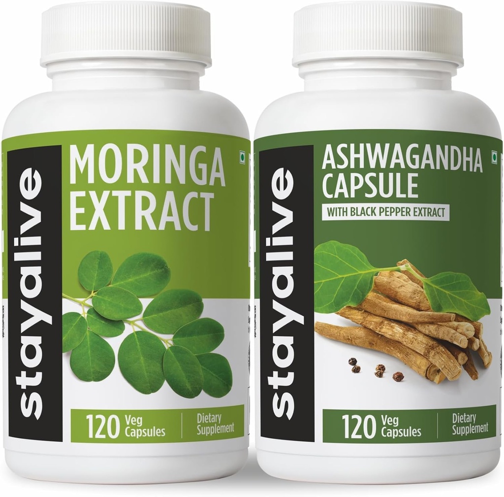 继续活着的莫林加和Ashwagandha Bundle w/Black Pepper 提取器,240 Vegan Pills, Non-GMO & Gluten Free Ashwagandha Moringa 补充 2 Pack