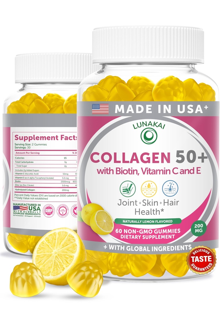 Lunakai 美国为50岁以上的妇女和男子制造了Collagen Gummies,Biotin & Vitamin C,支持皮肤弹性,头发和钉子强度,联合支持,60厘米