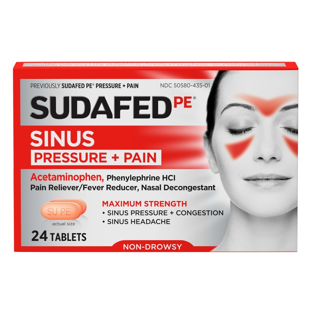 Sudafed PE Sinus压力+止痛药片,最大强度,非昏睡药,OTC Sinus Relief Medicine with Acetaminophen Pain Reliver & Phenylephrine HCl 鼻腔解毒剂,24 cm