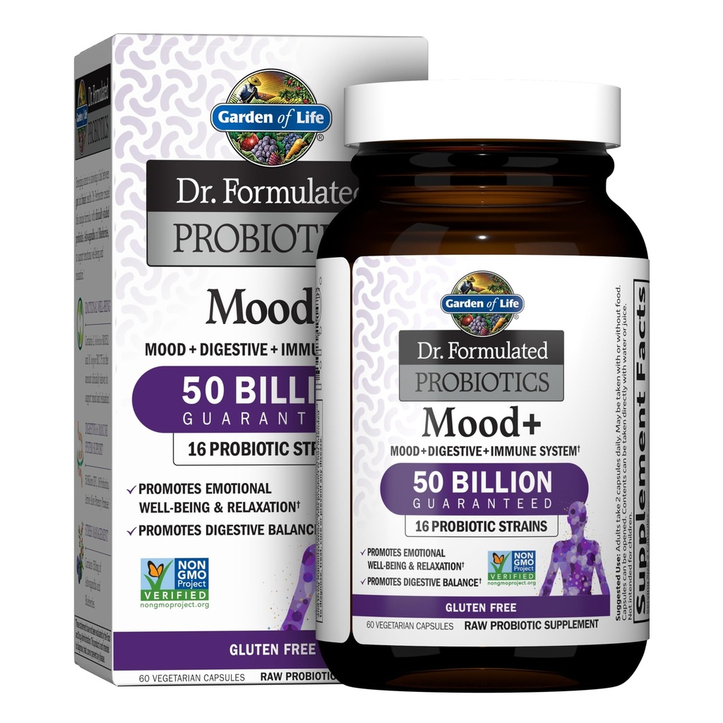 生命花园 配制的Probiotics Mood+博士 - 5亿 CPU - 支持放松和消化健康 - 60 蔬菜卡普尔