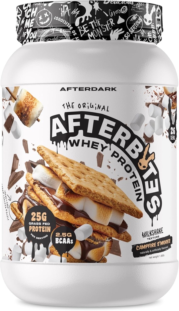 AFTERDARK 在Bites Whey蛋白粉,25g蛋白,4.5g BCAA's,易溶解,无人工颜色或填充器,孤立蛋白,美国制造,26种服务,Campfire Smores