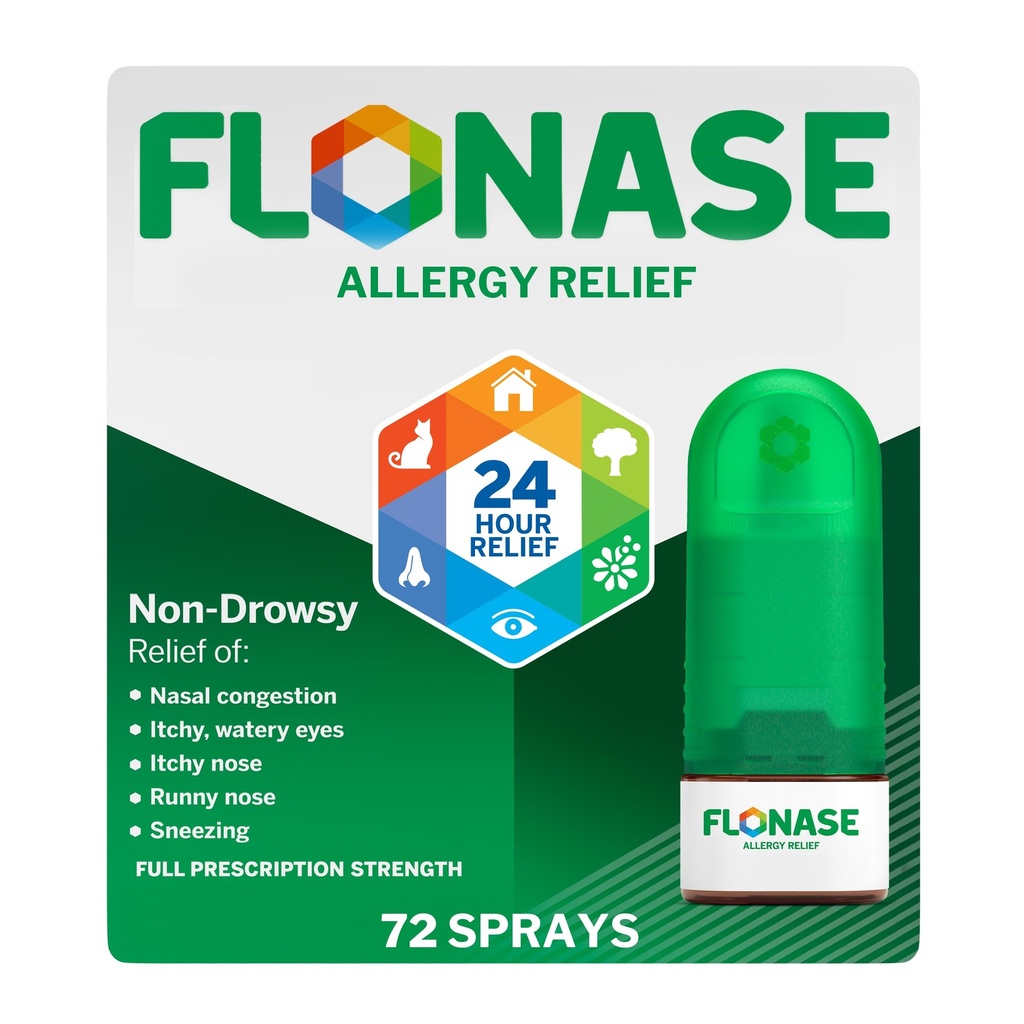 Flonase过敏性肾上腺素喷洒,24小时非昏睡性过敏性医学, Metered Nasal Spray - 72 Spray - 秋季和季节性过敏性肾上腺素喷洒