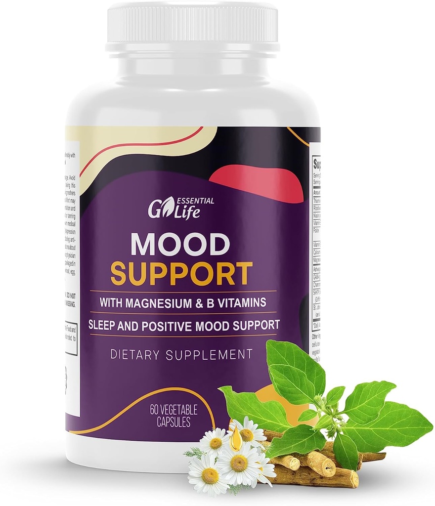 Mood Support Supplement QQ 冷静援助支持 Ashwagandha, GABA 5-htp, St John's Wort, Vitamin B6 and B12 for Sleep, Relaxion, 以及 Cortisol 管理器 QQ 60 Capsules