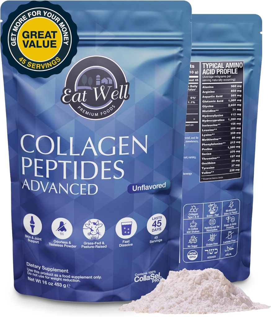 EAT well PRIMIUM FOODS Collagen Peptides Powder 蛋白质 45 成品,16oz, 皮质的Collagen, 骨骼和联合支持, 女性和男性的一型和三型草药Collagen补充剂, Keto, 氨基酸