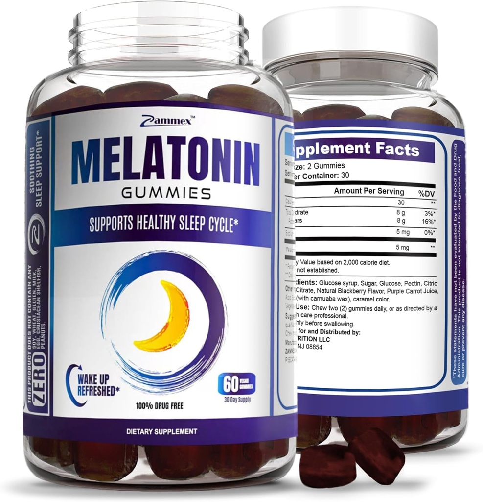 Zammex Melatonin Gummys 5mg | 60 Counter | 成人无药睡眠辅助剂 Gummy |自然贝利 Flavor | Vegan, Non-GMO, Gluten Free