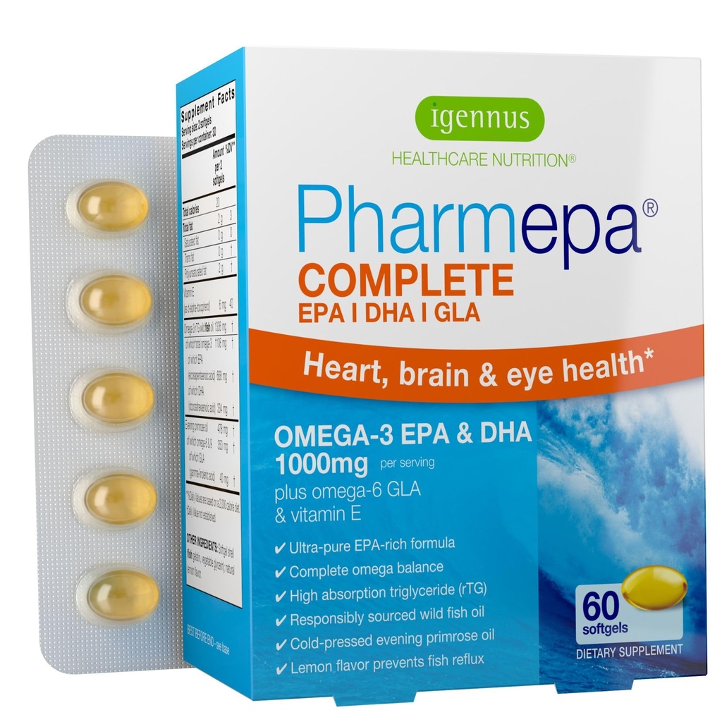 Igennus Pharmepa Complete EPA 668mg & DHA 334mg Omega-3 Fatty Acids 1000mg,IFOS认证,rTG形式,高概率鱼类油加Omega-6 & 9 来自GLA Evening Primrose Oil,Lemon Flavor, 60 Softgels