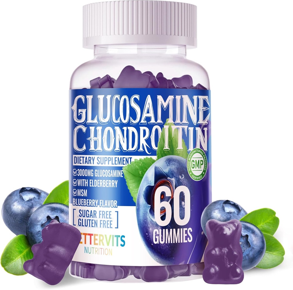 Glucosamine Chondroitin Gummys配有MSM和Merderberry Extrastrance-联合支持、成人、男女抗氧化剂免疫辅助剂。 60 蓝莓Gummys
