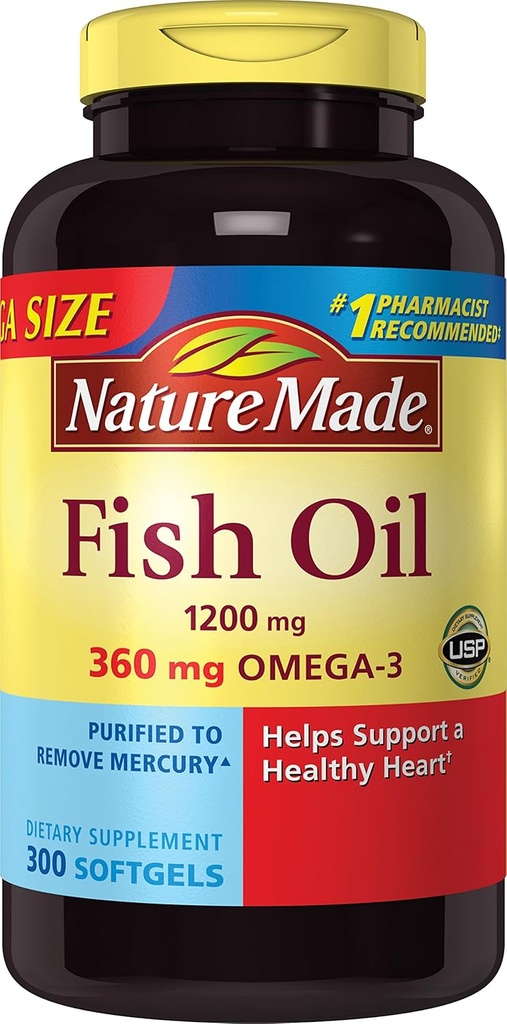 鱼油1200mg自然制造,每架2400mg, 360mg Omega-3, 300Softgels, 300 Counter (Pack of 1)