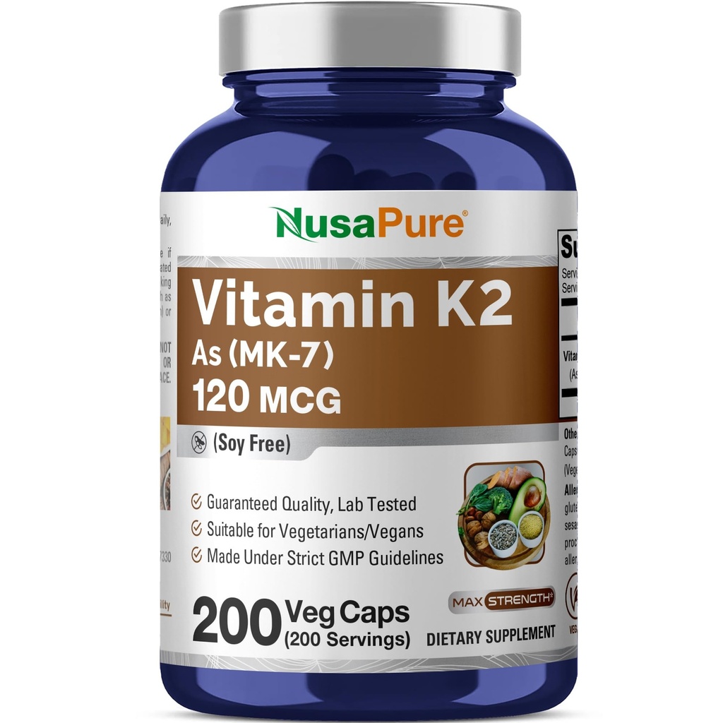 NusaPure Vitamin K2 MK7 120 mcg 200 Veggie Caps (Soy Free, Non-GMO, Vegan) (英语).