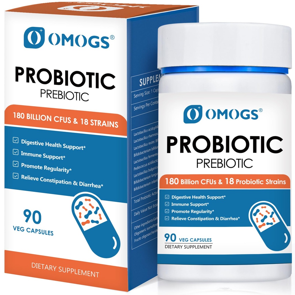 OMOGS Probiotics 120亿 CFUs 18 Strains, 3 Prebiotics & Digestive Enzymes, 帮助消化, Gut Health, Immune, 支持偶发便秘,腹泻和气体 - 面向妇女和男子, 60 Capsules