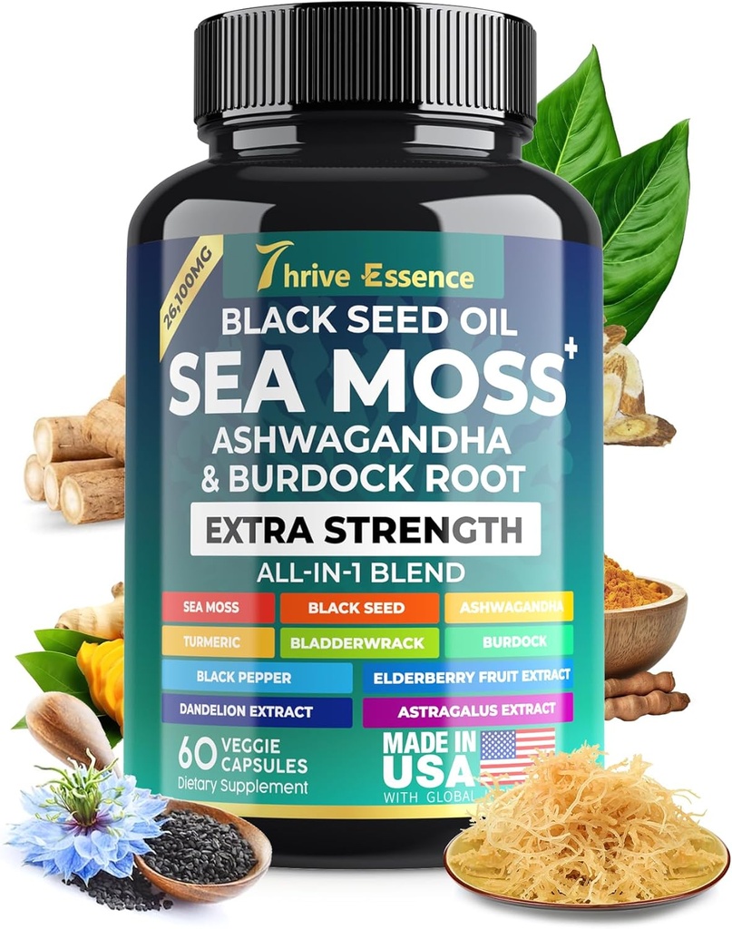 Sea Moss 提取、黑种子油、 Ashwagandha、 Turmeric & More – 10 in-1 草药补充剂 黑椒和长老莓 – 60 Capsules