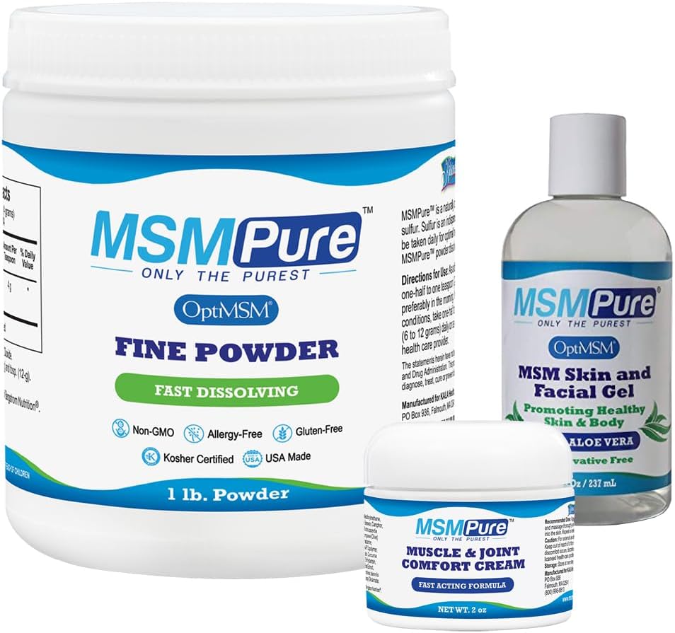 KALA HALTH MSMPure启动器套装有MSM Fine Powder 1lb,MSM肌肉和联合奶油2oz和MSM Gel 有机Aloe 8oz