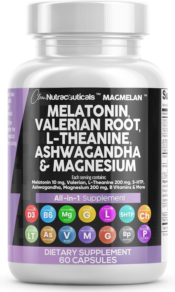 清洁营养素(Melatonin) 10mg Valerian Root L Theanine 200mg Ashwagandha - 给有镁复合物、柠檬浆、香蜜汁、和激情花的妇女和男子提供睡眠支持 -- -- 60章