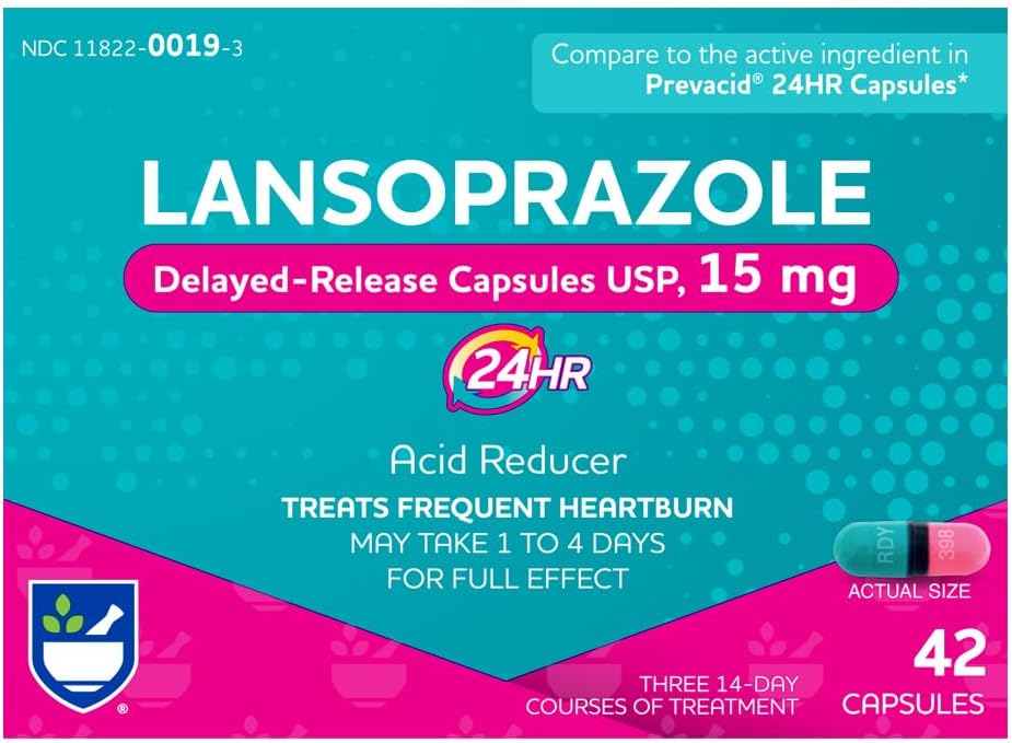 Rite Aid Lansoprazole 15mg - 42 Capsules, 减酸延迟释放 Capsules USP, Heartburn Relief and Acid Reflux, 最多24小时的救济时间