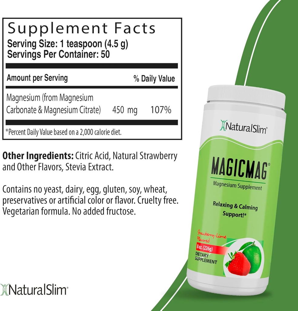 NaturalSlim Magicmag纯镁 奶油粉 — 压力、便秘、肌肉和心脏支持 — — 天然草莓和莱姆火焰镁补充 — 8oz drink Mix (3 Pack)