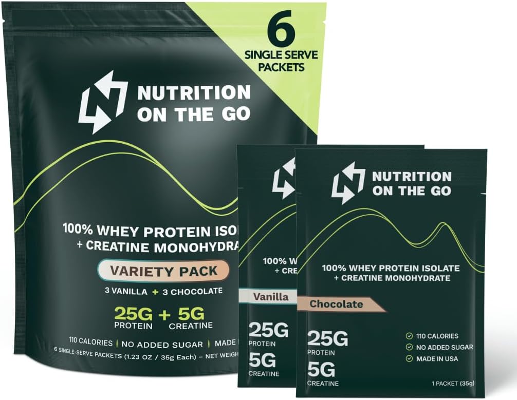 Go Whey蛋白质隔热包装上的营养 – 25g蛋白质+ 5g Creatine – 单服务 旅行蛋白粉 - 品种包(Vanilla & Cocolica) (6-Pack)