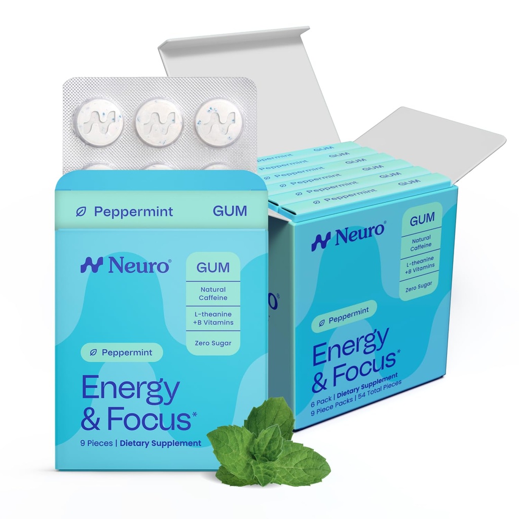 NeuroGum Energy & Focus Gum(54 Counter-6 Pack, Peppermint) → 40mg 天然咖啡因 + L-Theanine + Vitamin B12 & B6 + Xylitol → 糖无诺诺氏性认知脑性能补充