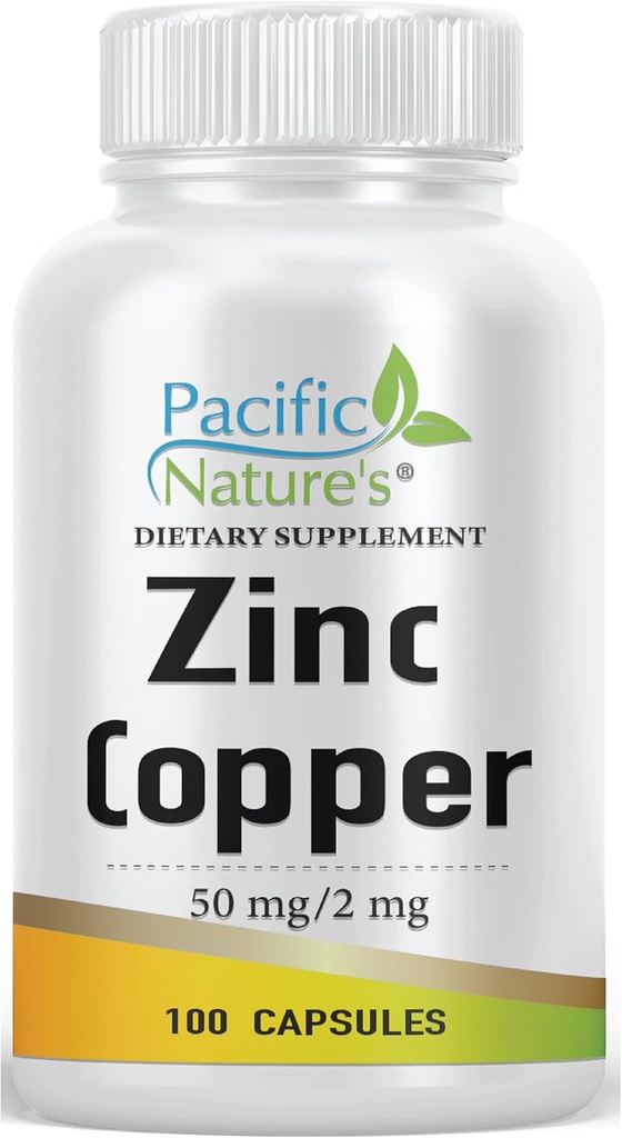 锌铜补充剂(100 Capsules),含锌Gluconate50mg,硫酸铜2mg用于免疫支持 - Gluten Free, no-GMO