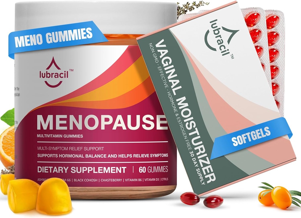 Lubracil Menopause Gummys & Daily Moisturizer Bundle – 对热闪电、夜汗、阴道干燥和与黑科霍什、Ashwagandha、Omega Oils & Sea Buckthorn的无热无热支持