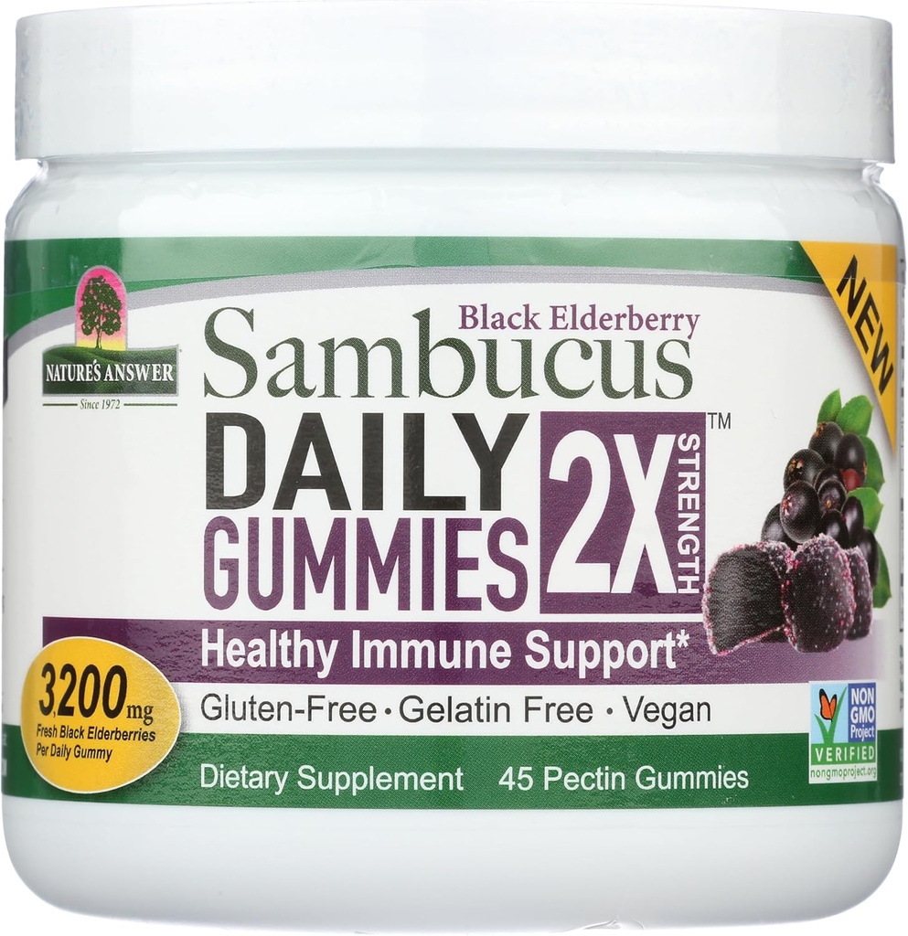 自然之答 Sambucus Daily Gummys → 2X More Elderberry 3200 mg 浓度 → 无酒精,无胶,无胶,无胶,Vegan,非GMO和无防腐剂 → (45 Counter (Pack of 1))