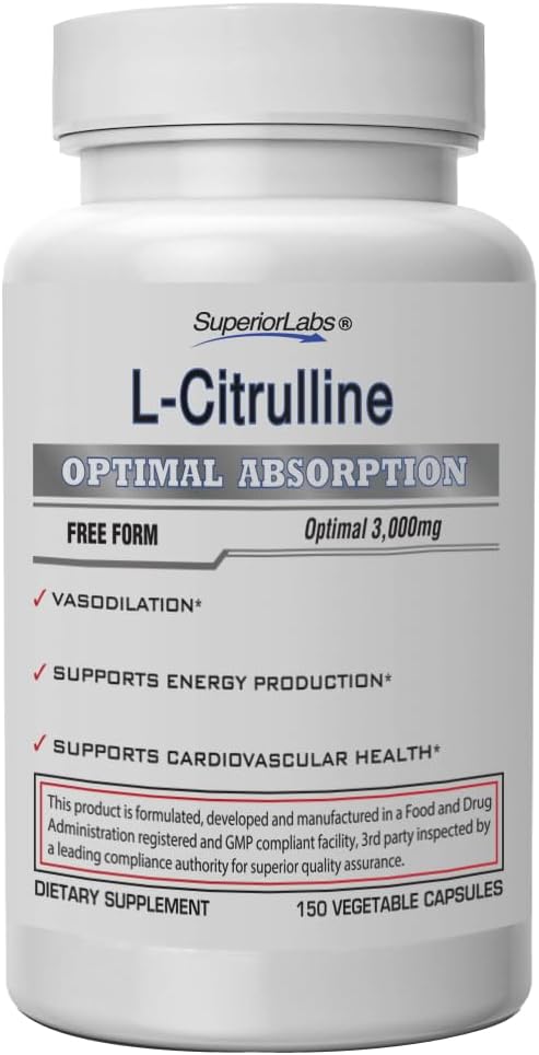 高级实验室 L-Citrulline 3000毫克、非GMO、高概率自由型氨基酸、氮氧化物和瓦索迪化助推器、前工前肌肉泵、耐力、心血管支持、150Veg Caps