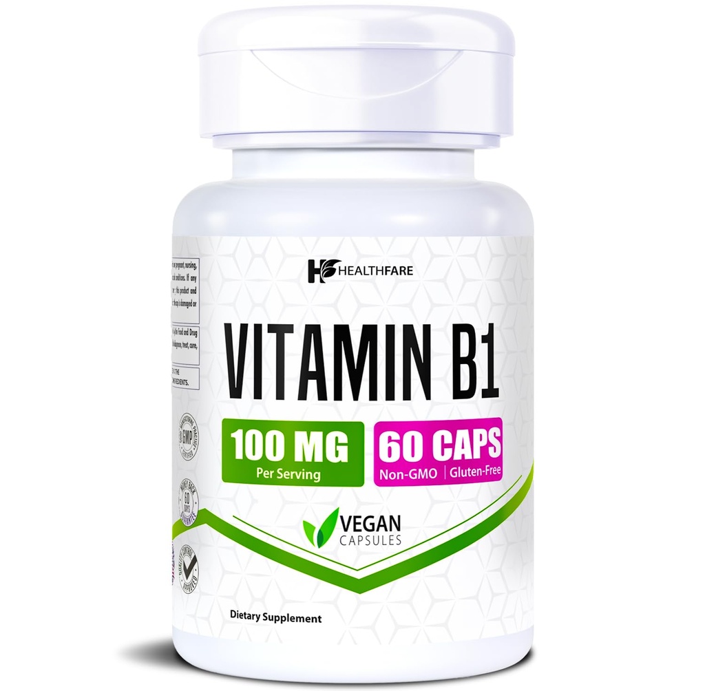健康 维生素B1 100mg | 60 Capsules | Thiamine 补充 | 支持整体健康 |  Non 非GMO | Gluten Free (60 Capsules)