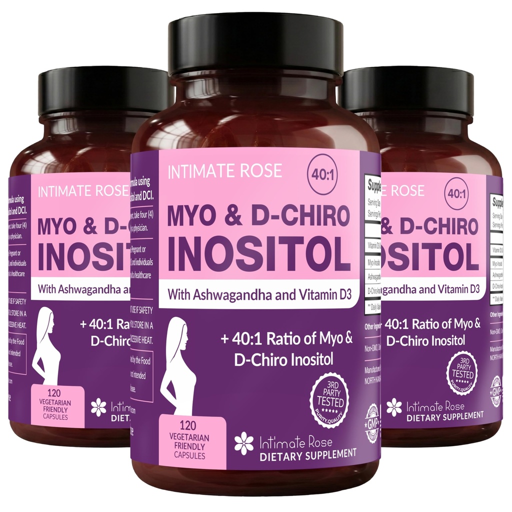 亲密的玫瑰 Myo-Inositol & D-Chiro Inositol Blend - 40:1 混合比率 - 妇女每日健康支持 - 维生素 D & Ashwagandha, 3瓶