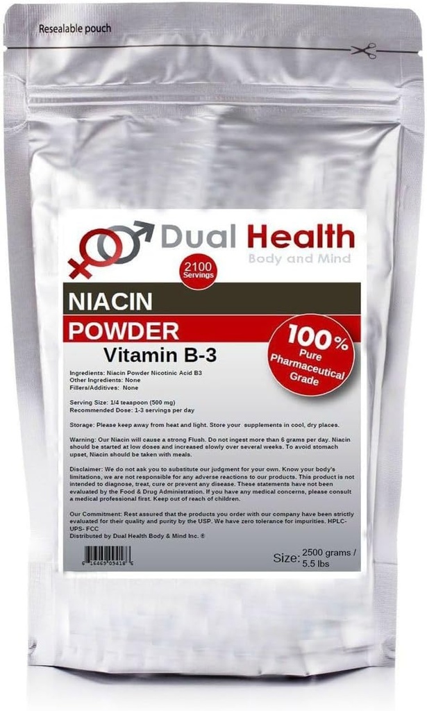Niacin粉(5.5磅-2.5公斤) 维生素B3 散装补充剂,立即释放Flush Nicotinic Acid Non-GMO、Vegan、Gluten Free Fast 吸附剂、添加剂、金属