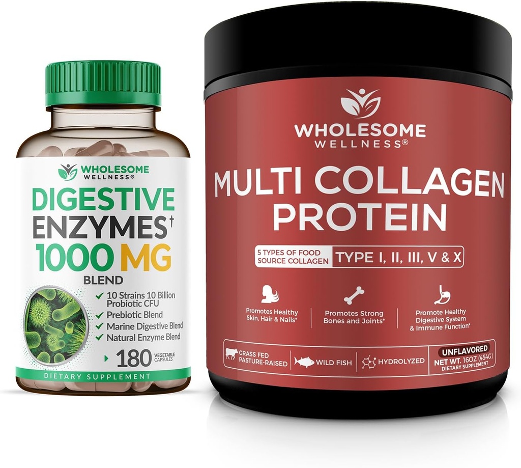 健康消化酶 1000MG Plus Prebiotics & Probiotics 补充 + 多烯丙基蛋白粉水解(第I型II型III型V型X型)
