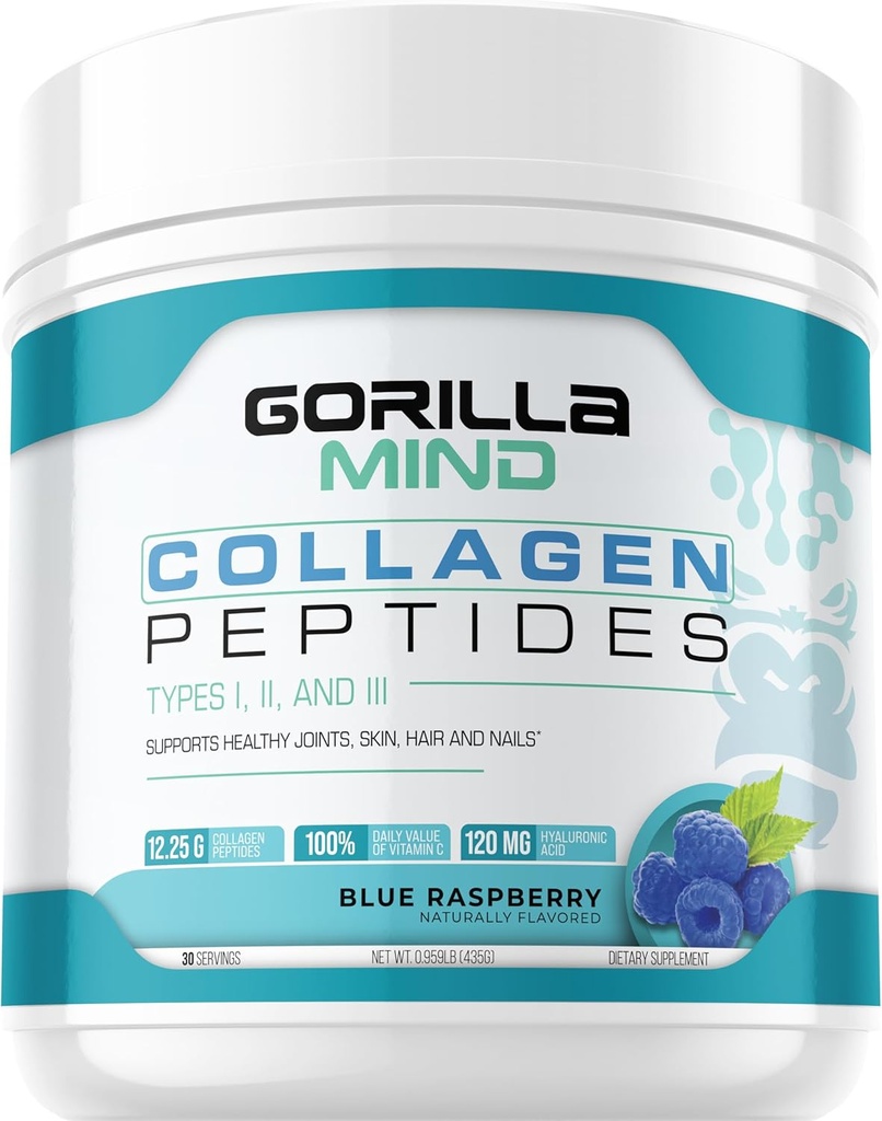 Gorilla Mind Collagen Peptides Powder -- -- 联合和骨健康/头发、皮肤和钉子/睡眠支持/水中、汁液或平滑剂类型一、二、三/混合物 -- -- 435克(蓝莓)