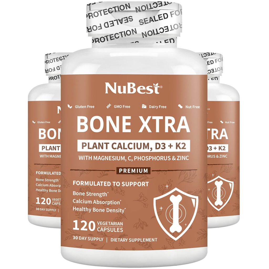 Bone Xtra - 强骨的Vegan Bone强度公式,来自海洋藻类的植物基钙,维生素D3,维生素K2,镁,磷和更多用于青少年,成年人 - 3个月供应 → 3 包