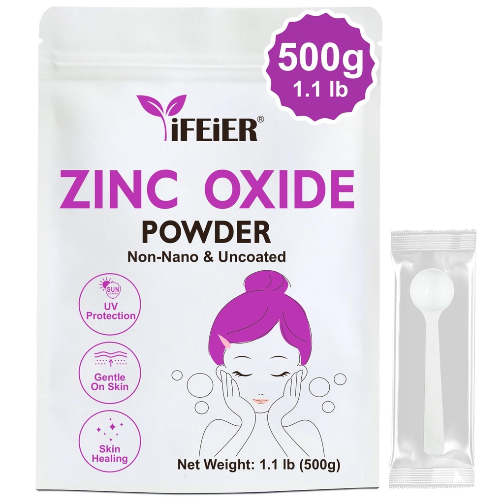 iFeiER 锌氧化物粉 | 500g(1.1 磅) 100%纯无纳米无铜锌氧化物粉 皮肤保护 | 化妆品级理想 DIY 日光屏、Lotion、除臭剂和皮肤护理